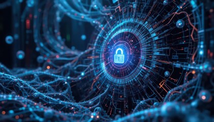 Obraz premium Security patch management concept. A digital representation of a secure network, featuring a padlock surrounded by intricate blue and red data streams.