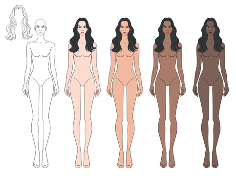 Fashion colored skin tone croquis figurines with long hair woman in vector.