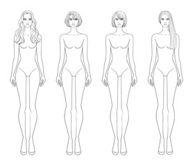 Fashion outline sketch drawing croquis figurines female body with different short and long hairs in vector.