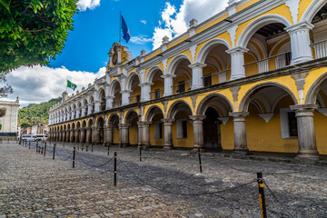 A view up the cobbled West Street beside the Royal Palace of the Captains General in Antigua in...
