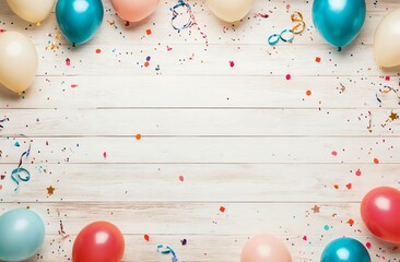 Colorful Balloons and Confetti Border on White Wooden Background Celebration