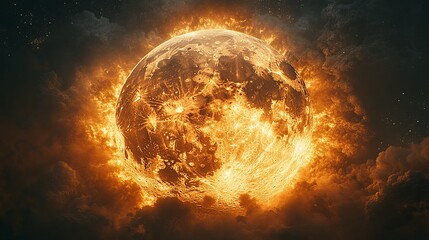 Spectacular depiction of glowing asteroid impact on moon surface with massive canyon formations illustrating dramatic cosmic celestial event, astronomy exploration