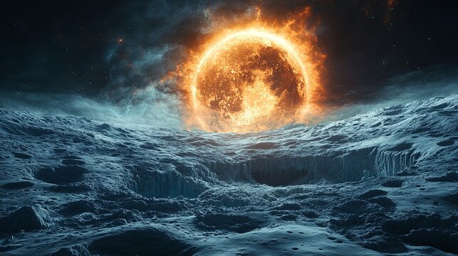 Spectacular depiction of glowing asteroid impact on moon surface with massive canyon formations illustrating dramatic cosmic celestial event, astronomy exploration - Powered by Adobe