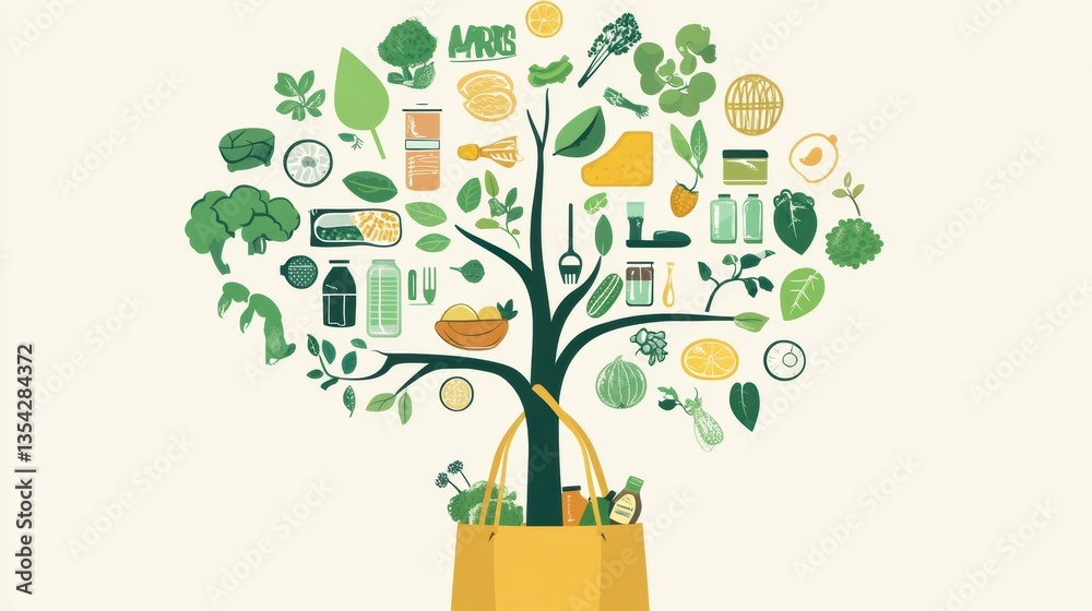 Poster conceptual illustration of a tree emerging from a grocery bag with food icons as leaves promoting ec