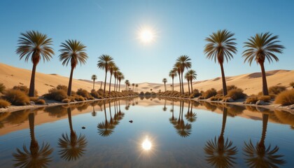 A serene desert oasis beckons with palm trees reflecting in calm water under a bright sun clear blue skies