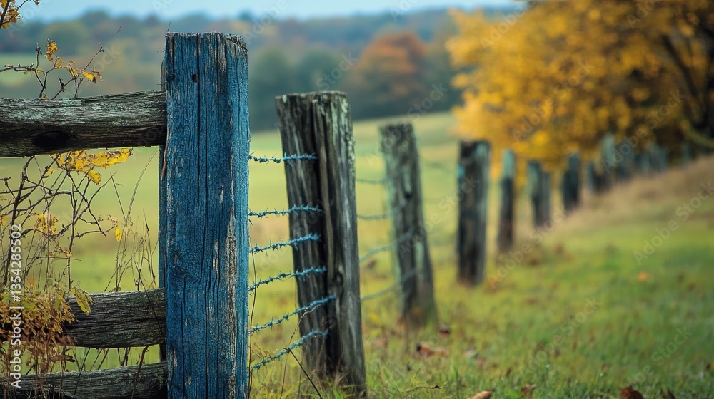 Poster a rustic scene featuring weathered blue wire fence posts, surrounded by nature and open space, offer