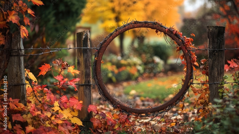 Poster a rusty spring-ring fence with barbed wire surrounding an autumnal garden, with vibrant fall foliage