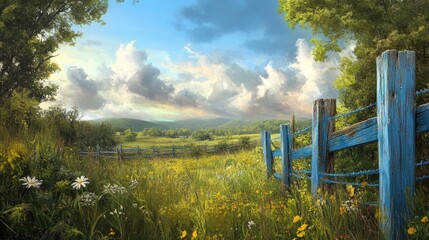 Fototapeta premium A serene countryside scene with blue wire fence posts, weathered by time, standing out against the backdrop of nature's beauty.