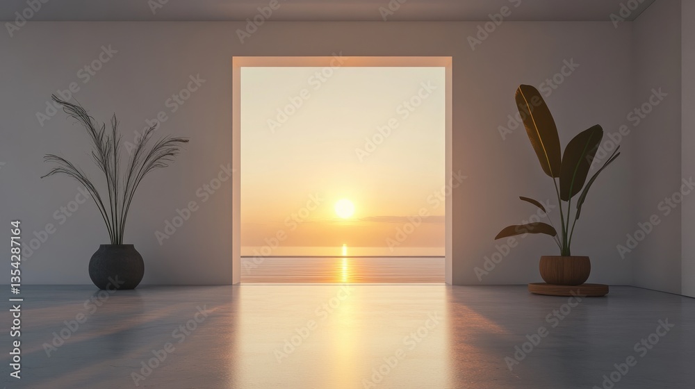 Poster a serene sunrise spills through an open doorway, reflected softly in a minimalist room, creating a p