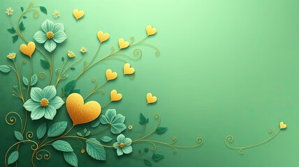 Green Floral Background with Gold Hearts Romantic Spring Design