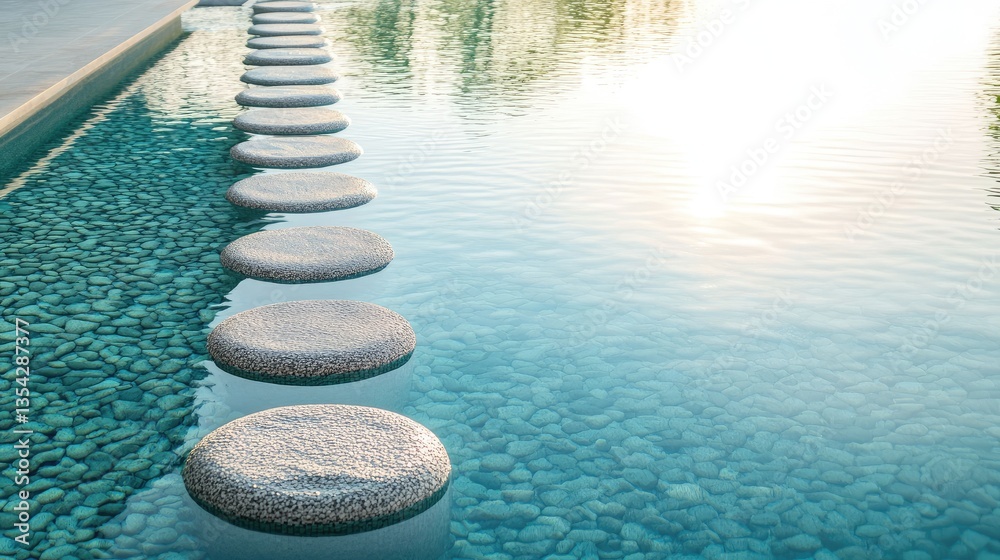 Poster a serene turquoise pool with shallow, reflective water and subtly patterned stones, offering a calm 