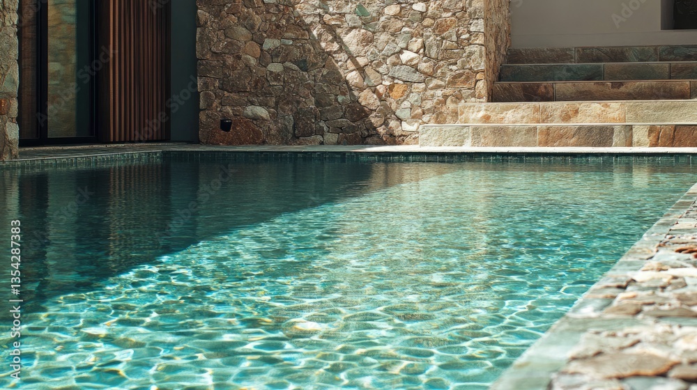 Poster a serene turquoise pool with shallow, reflective water and subtly patterned stones, offering a calm 