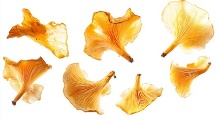 Obraz premium Chanterelle mushrooms isolated, featuring vibrant orange-yellow tones, intricate organic details, and smooth textures, set on a clean white background for clarity.