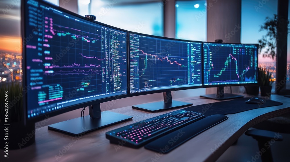 Aufkleber A series of curved monitors displaying dynamic data streams, creating an advanced tech control room environment with a sleek, futuristic design.
