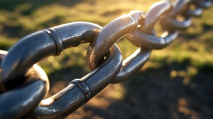 A series of metal chain links outdoors in the bright sun, with grass or dirt beneath, symbolizing strength and connectivity.