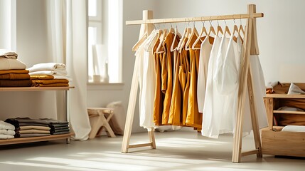 Modern Minimalist Clothing Rack with Casual Fashion in Bright Room Filled with Natural Light