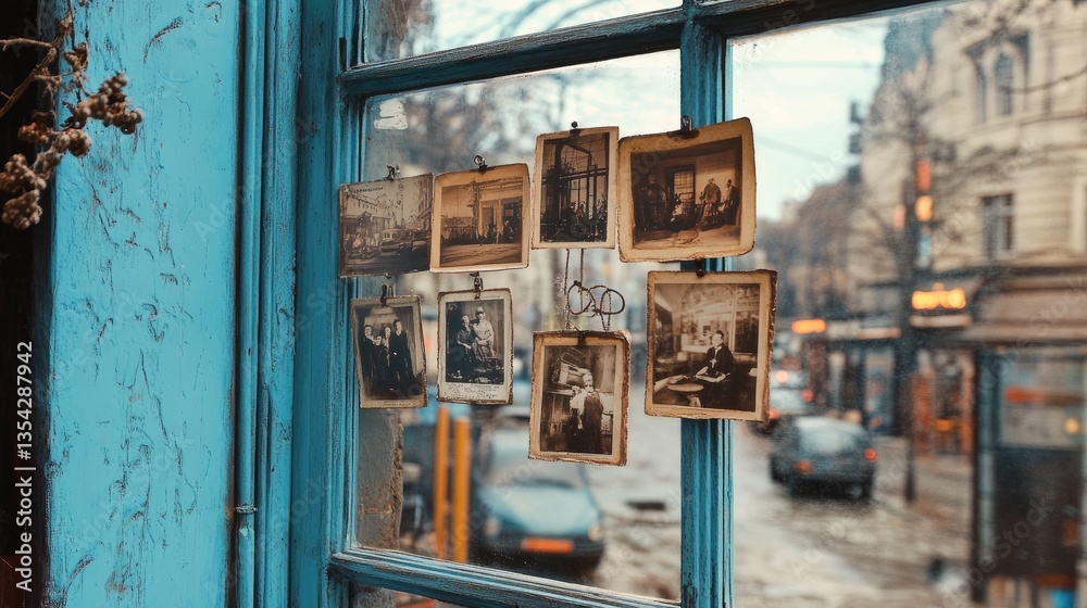 Aufkleber a set of vintage photos hanging in front of a blue window, offering a glimpse into the past with a c