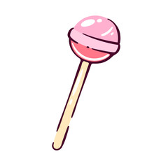 Pink cartoon candy ball on wooden stick, strawberry lollipop. Sweet glossy lollypop with fruit flavor. Confectionery, summer dessert mascot, cartoon cute round sucker candy vector illustration