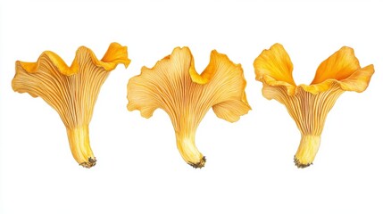 Chanterelle mushrooms isolated with fine gill details and vibrant yellow-orange hues, arranged symmetrically on a clean white background for a modern look.