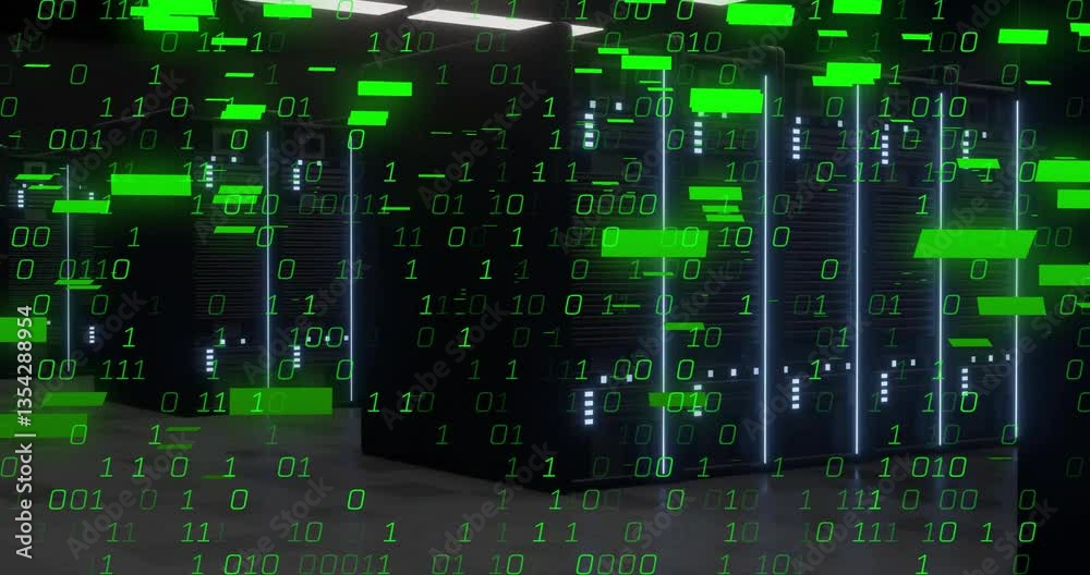 Poster in data center, binary code animation moving over servers, creating digital effect