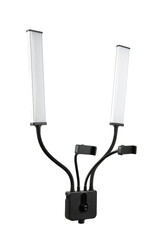 Dual LED light setup with flexible arms and adjustable clamps, ideal for professional photography and video recording.