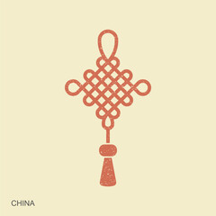 Chinese lucky knot with tassel. Lunar new year decoration. Red traditional Chinese ornament. Flat retro style icon. Vector Illustration