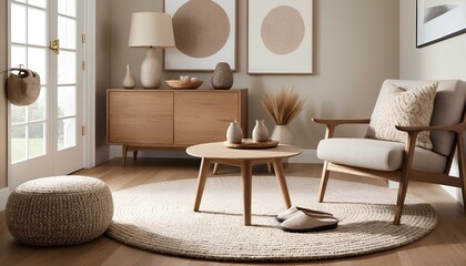 Modern style living room with a neutral color palette, mainly beige and natural wood. The room is decorated with wooden furniture.
