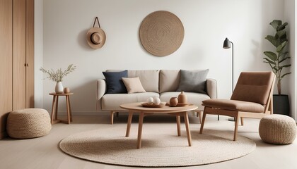 Minimalist living room with a neutral cream and beige color palette. The room features a sleek wooden-framed sofa with soft cushions in muted tones, accompanied by a cozy knitted pouf.