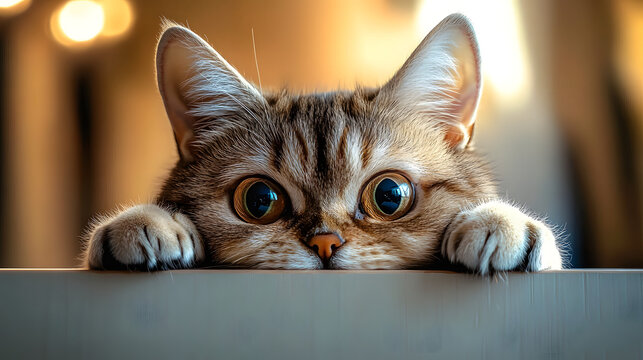 mad Cat Peeking Over a Surface