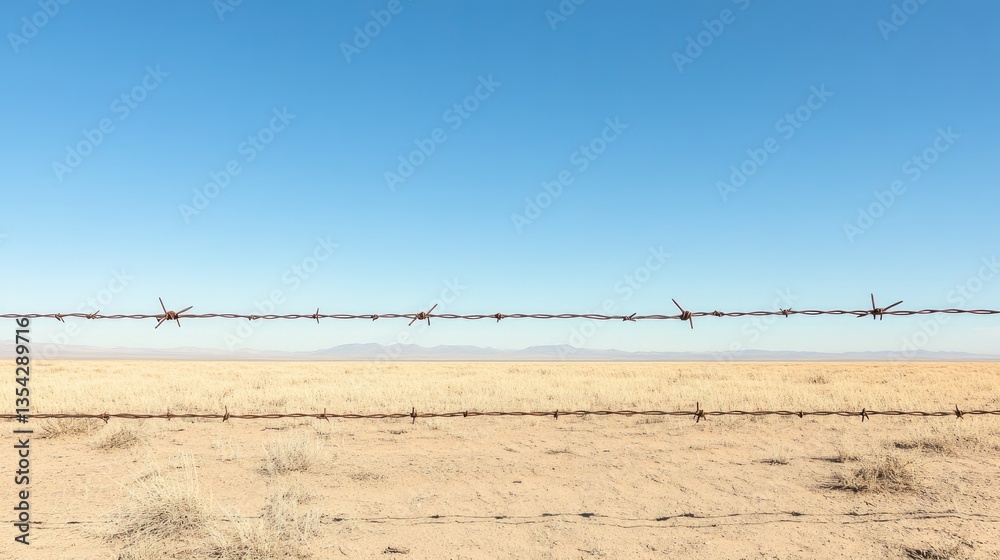 Poster A solitary barbed wire fence in the midst of an empty space, invoking thoughts of boundaries and isolation.