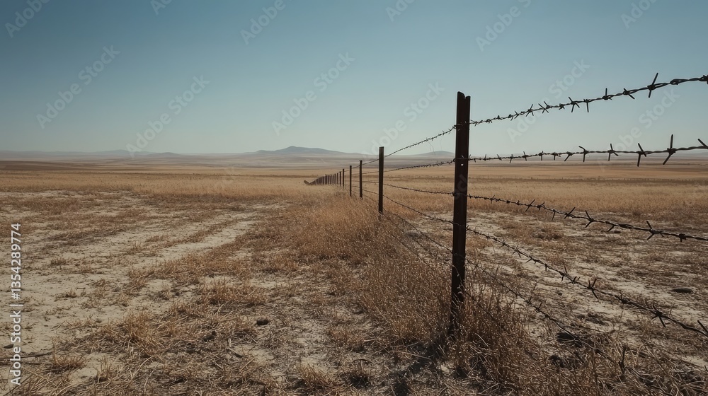 Poster A solitary barbed wire fence in the midst of an empty space, invoking thoughts of boundaries and isolation.