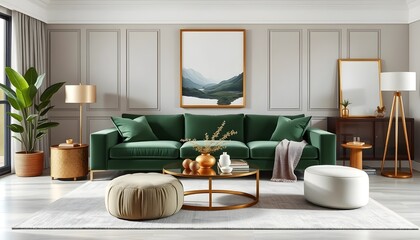 uxurious living room interior, emerald green velvet sofa, gold accents, white walls with molding, abstract landscape painting.