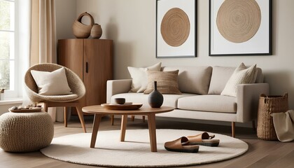 Minimalist living room with a neutral cream and beige color palette. The room features a sleek wooden-framed sofa with soft cushions in muted tones, accompanied by a cozy knitted pouf.
