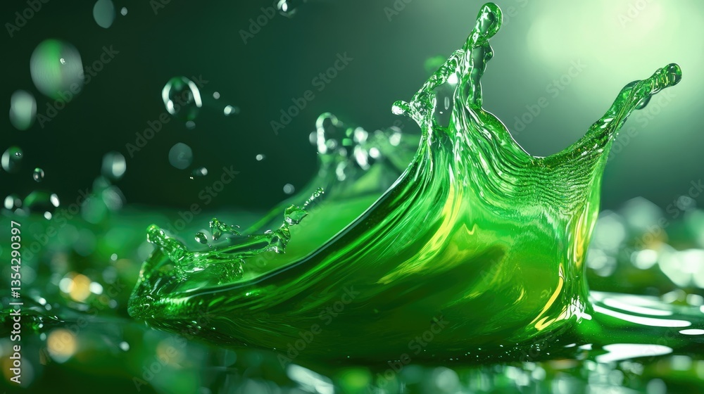 Poster a splash of fresh green liquid pouring from an open bottle in a studio setting, frozen in fluid moti