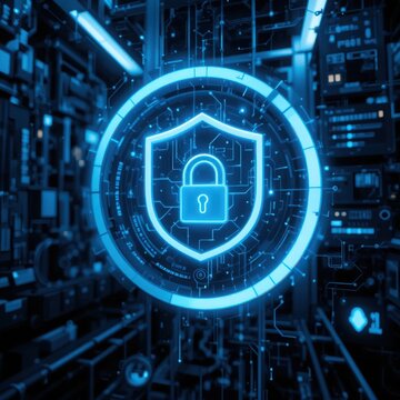 Security  patch management concept. A futuristic digital shield symbolizing cybersecurity, featuring a padlock at its center, surrounded by intricate technological patterns.