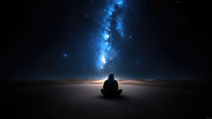 A solitary figure sits amidst a vast desert landscape, gazing at a celestial display of vibrant nebulae and stars
