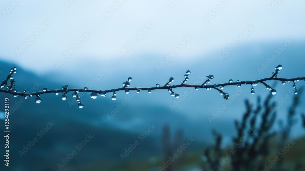 Poster a string of dew-covered drops in the misty mountain air, capturing the tranquility of early morning 
