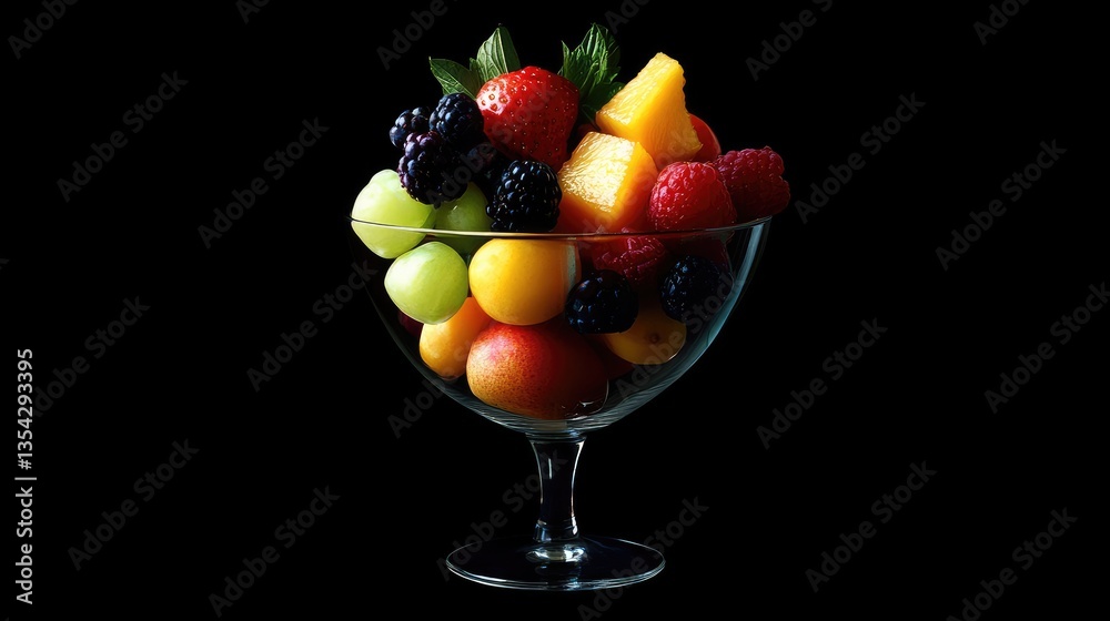 Poster a studio image of a glass goblet overflowing with a variety of colorful fruits, capturing the essenc