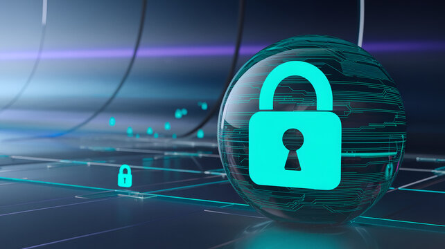 Glass sphere with teal padlock icon, circuit board pattern, dark blue background, showcasing digital security concept, ideal for tech or cybersecurity - Powered by Adobe
