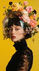 Portrait of woman with flowers looking at camera