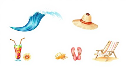 Summer Vacation Beach Hat Drink Wave Flip Flops Chair