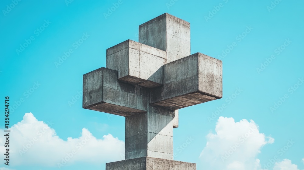 Poster A towering abstract concrete structure against a backdrop of a bright blue sky, creating a striking and powerful visual impression.