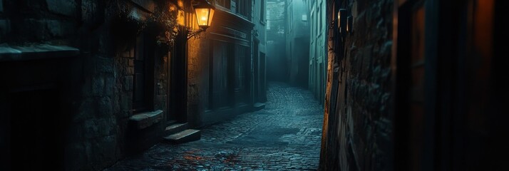 Dark cobblestone alley lit by gas lamps.