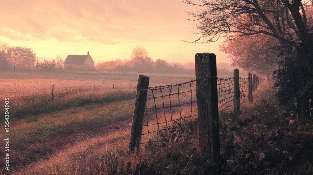 Poster a tranquil rural setting with a barbed wire fence at dawn, the soft morning light gently illuminatin