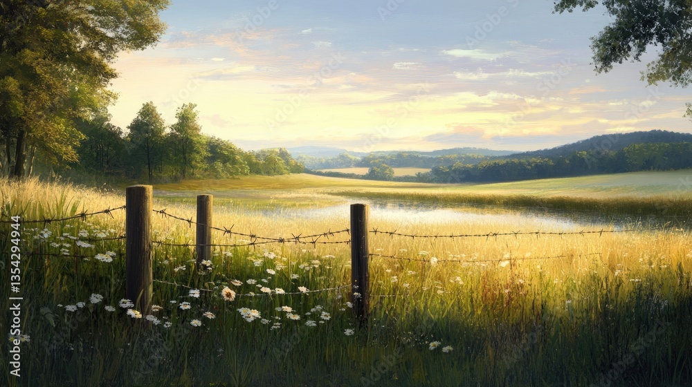 Poster a tranquil rural setting with a barbed wire fence at dawn, the soft morning light gently illuminatin