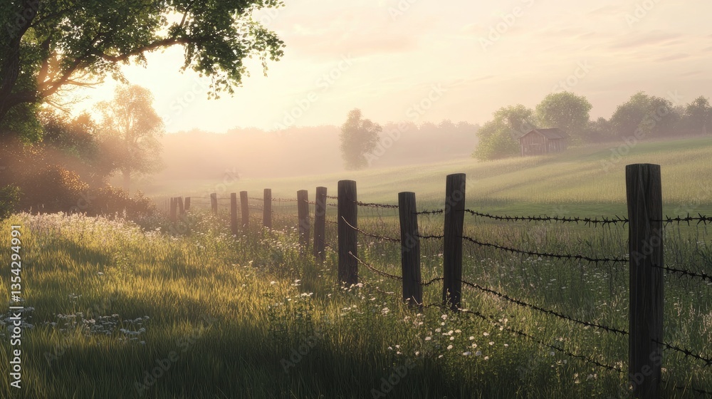 Poster a tranquil rural setting with a barbed wire fence at dawn, the soft morning light gently illuminatin