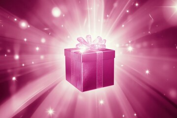 Sparkling Pink Gift Box with Bow and Radiant Light Effects.