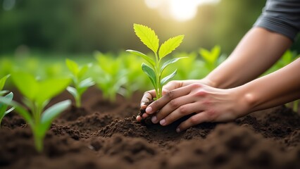 "Nurturing New Life: Hands Planting a Young Seedling in Rich Soil"

