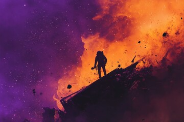 Astronaut stands amidst debris colorful cosmic background.
