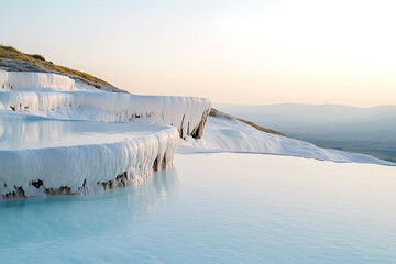 Travertine terraces bathed in soft light with layered pools reflecting the sky and capturing the beauty of natural geological formations and landscapes